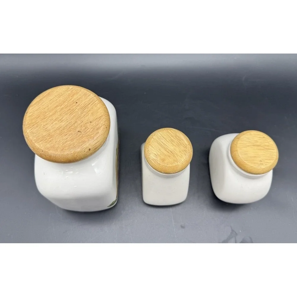 European Ceramic Canister Jars 3pc Wooden Lids Cottage Farmhouse Kitchen Decor